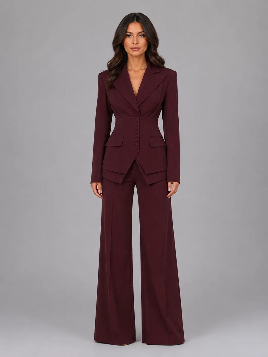 Cinched Waist Wide Leg Suit – Burgundy