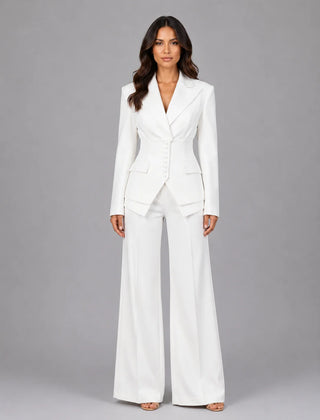 Cinched Waist Wide Leg Suit – White