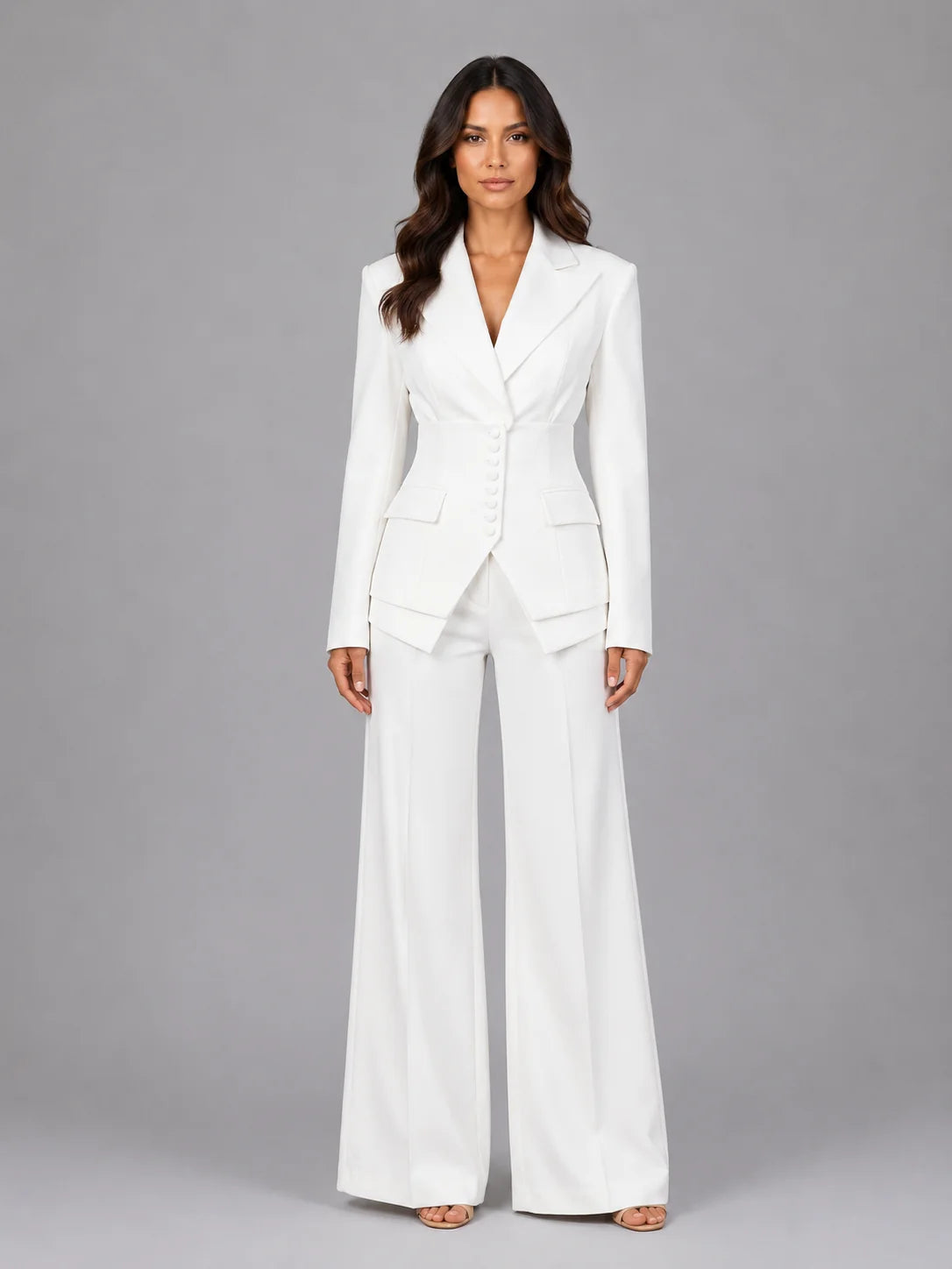 Cinched Waist Wide Leg Suit – White