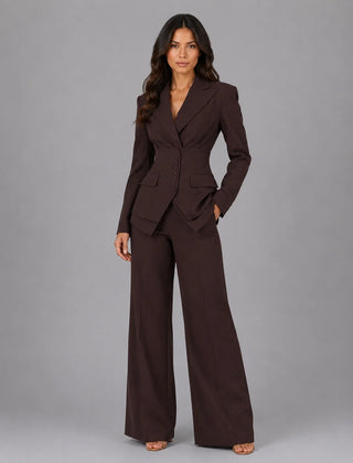 Cinched Waist Wide Leg Suit – Coffee