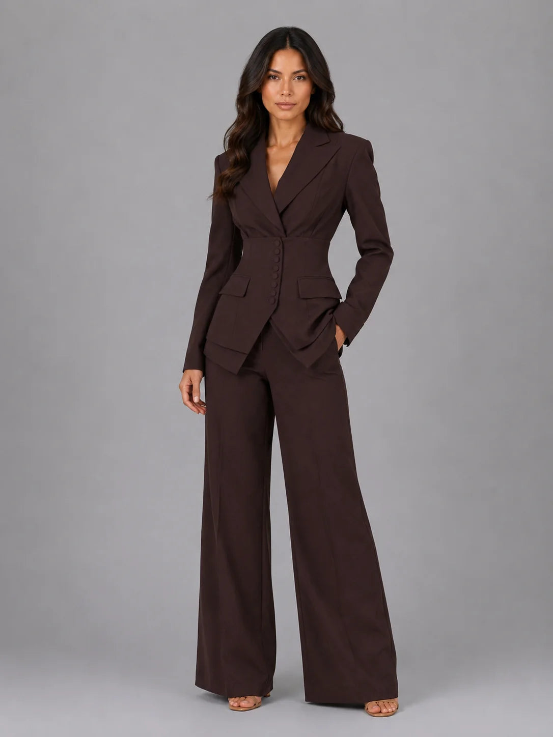 Cinched Waist Wide Leg Suit – Coffee