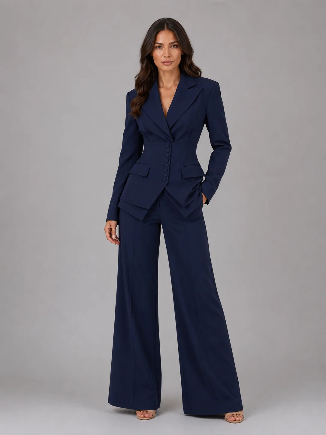Cinched Waist Wide Leg Suit – Navy