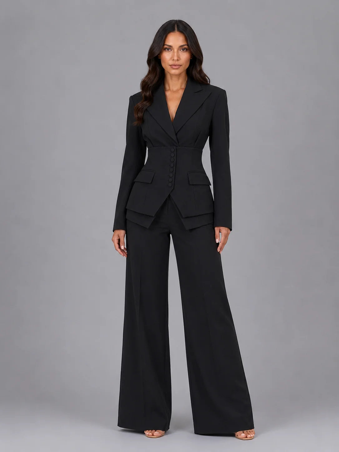 Cinched Waist Wide Leg Suit – Black