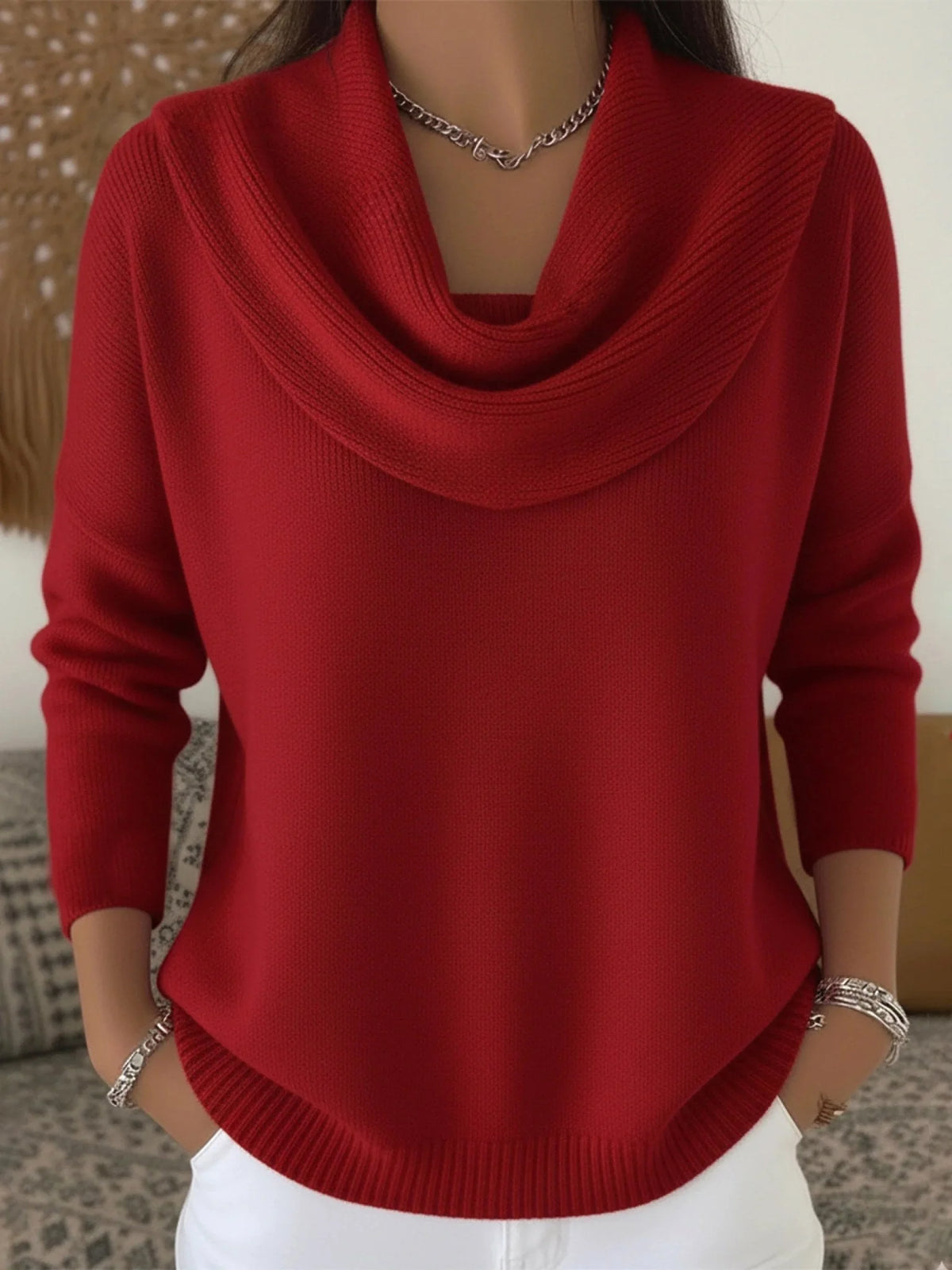 Cowl Neck Merino Blend Jumper – Red