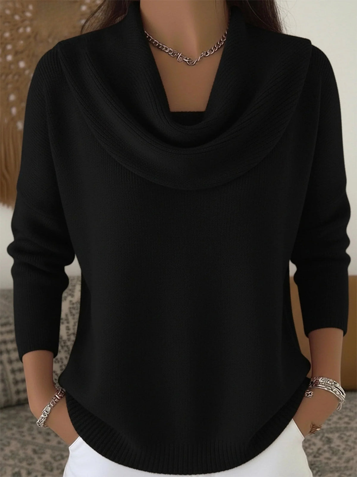 Cowl Neck Merino Blend Jumper – Black