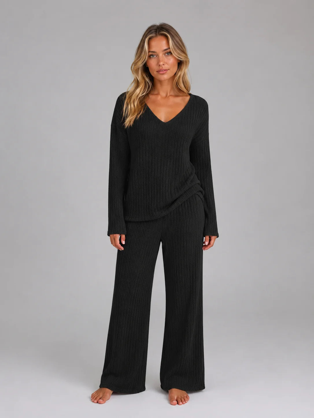 Ribbed Knit Lounge Set – Light Grey