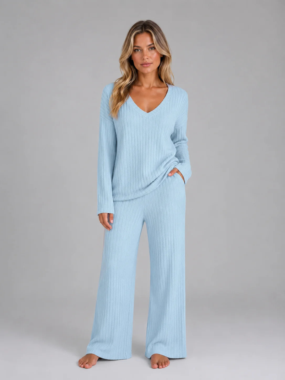 Ribbed Knit Lounge Set – Light Blue