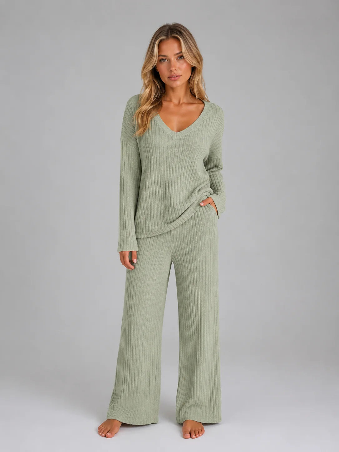 Ribbed Knit Lounge Set – Green