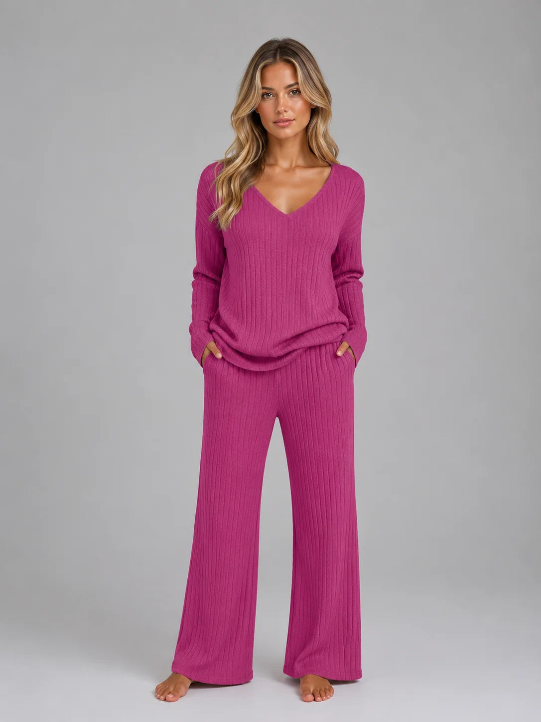 Ribbed Knit Lounge Set – Pink