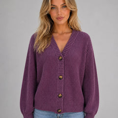 Chunky Knit V-Neck Cardigan – Purple