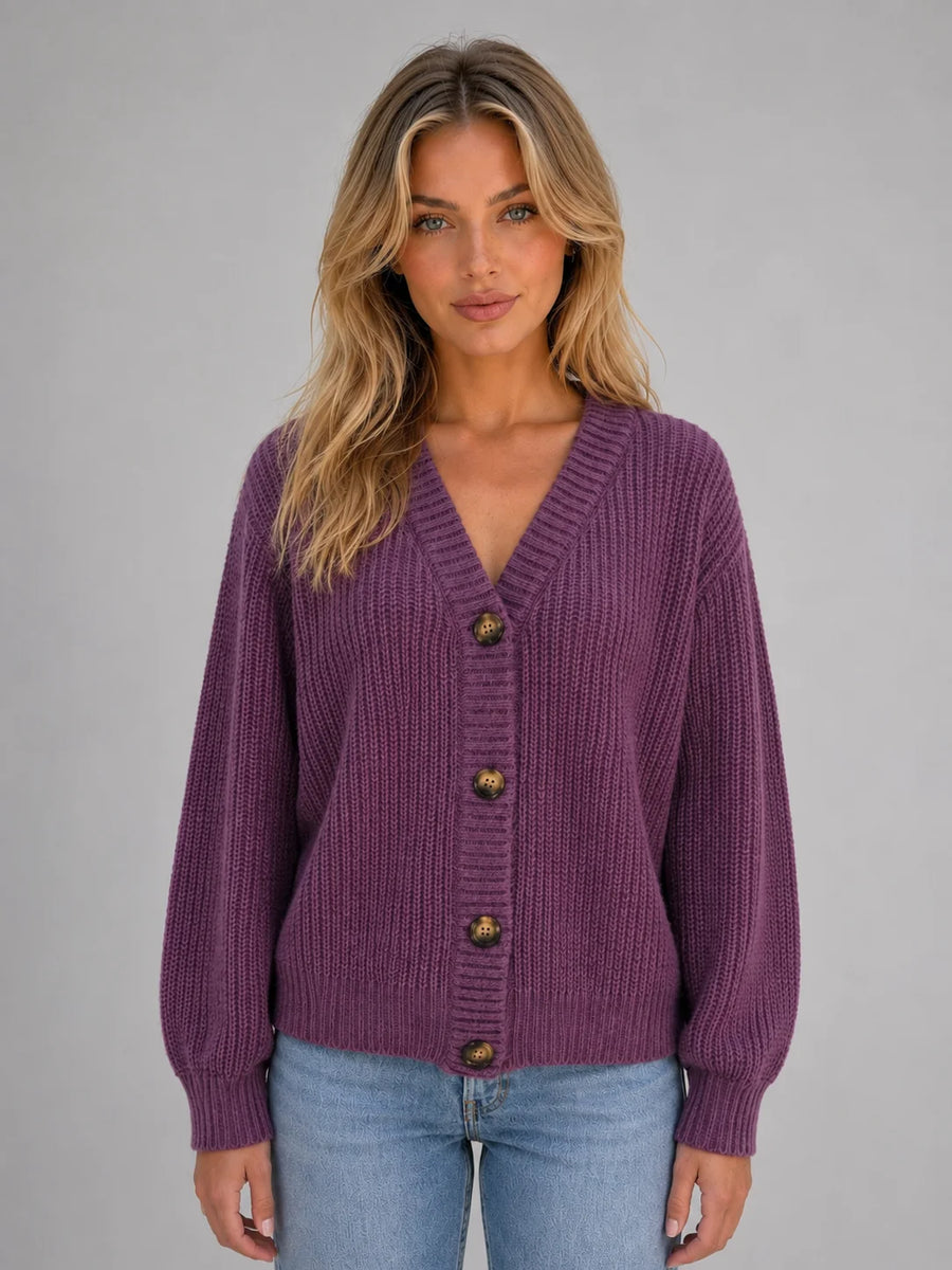 Chunky Knit V-Neck Cardigan – Purple