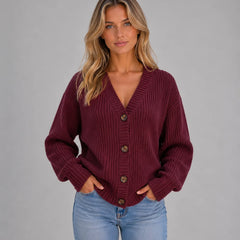 Chunky Knit V-Neck Cardigan – Bordeaux