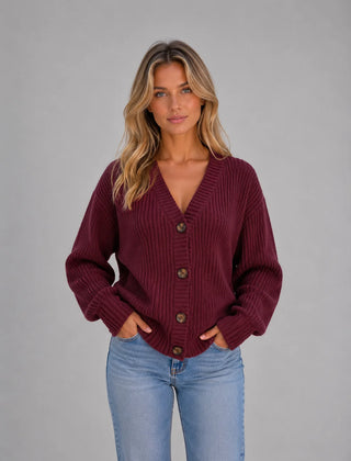 Chunky Knit V-Neck Cardigan – Bordeaux
