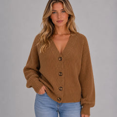 Chunky Knit V-Neck Cardigan – Camel