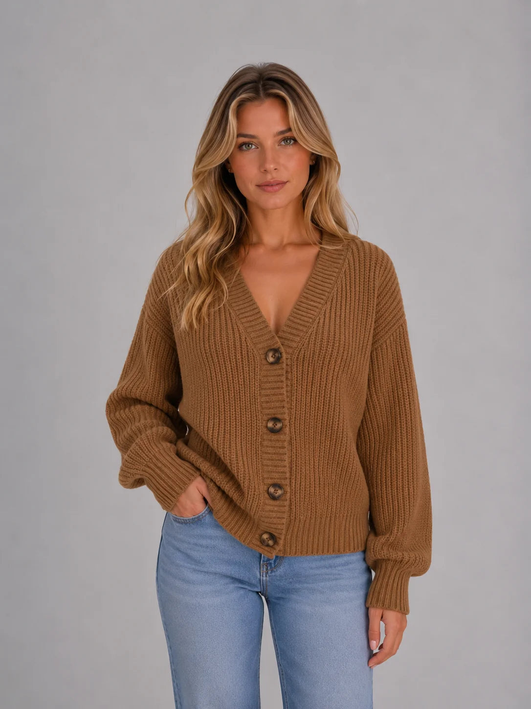 Chunky Knit V-Neck Cardigan – Camel