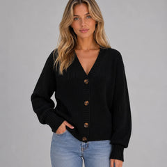 Chunky Knit V-Neck Cardigan – Black