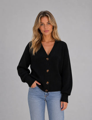 Chunky Knit V-Neck Cardigan – Black