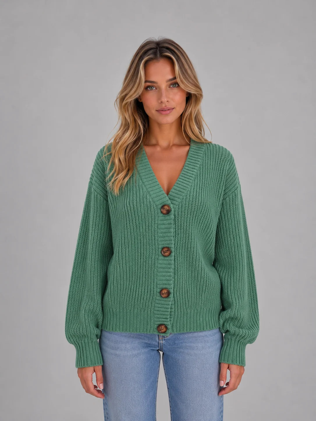 Chunky Knit V-Neck Cardigan – Sage