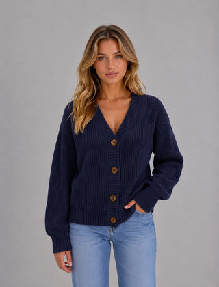 Chunky Knit V-Neck Cardigan – Navy