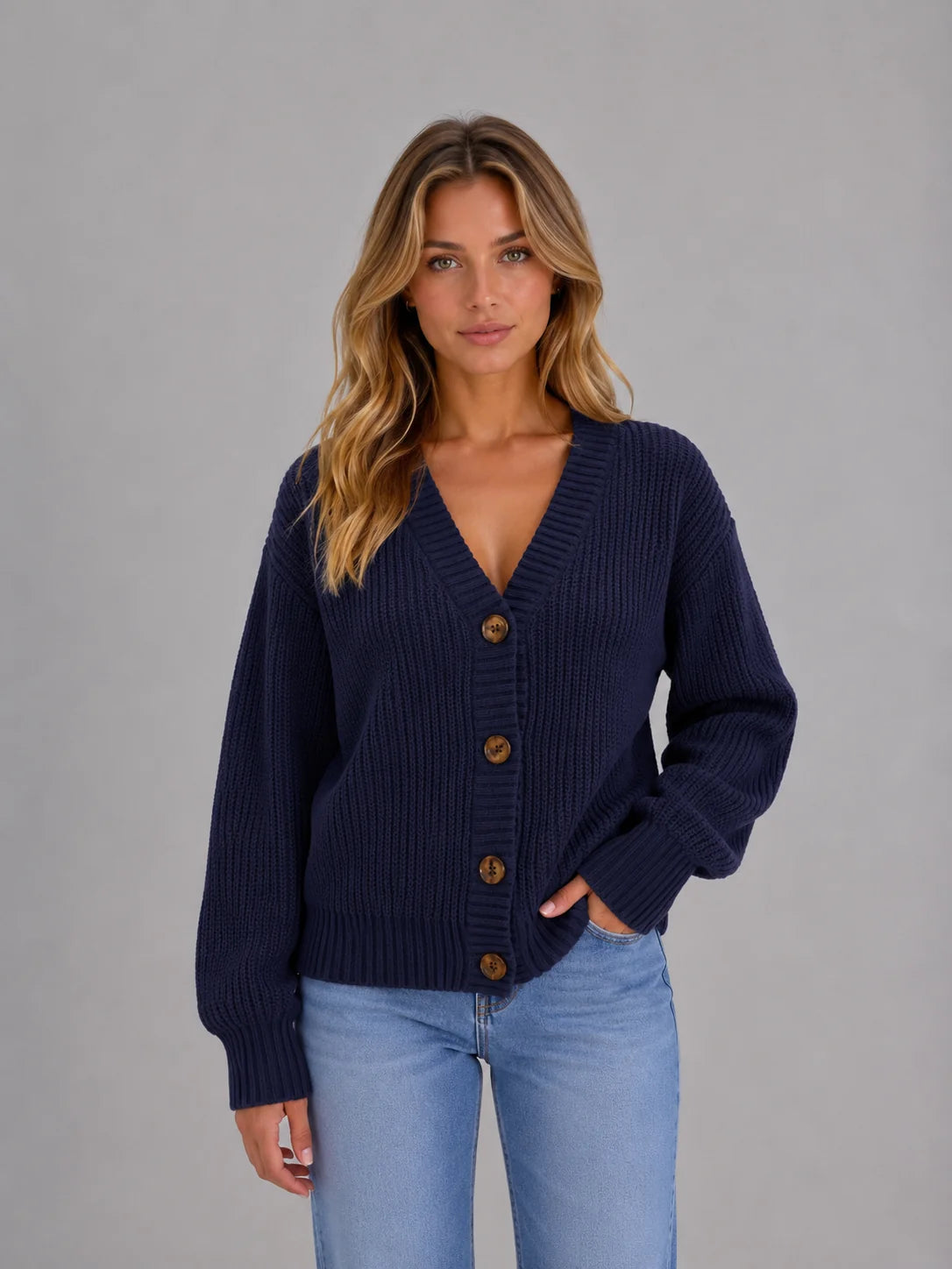 Chunky Knit V-Neck Cardigan – Navy