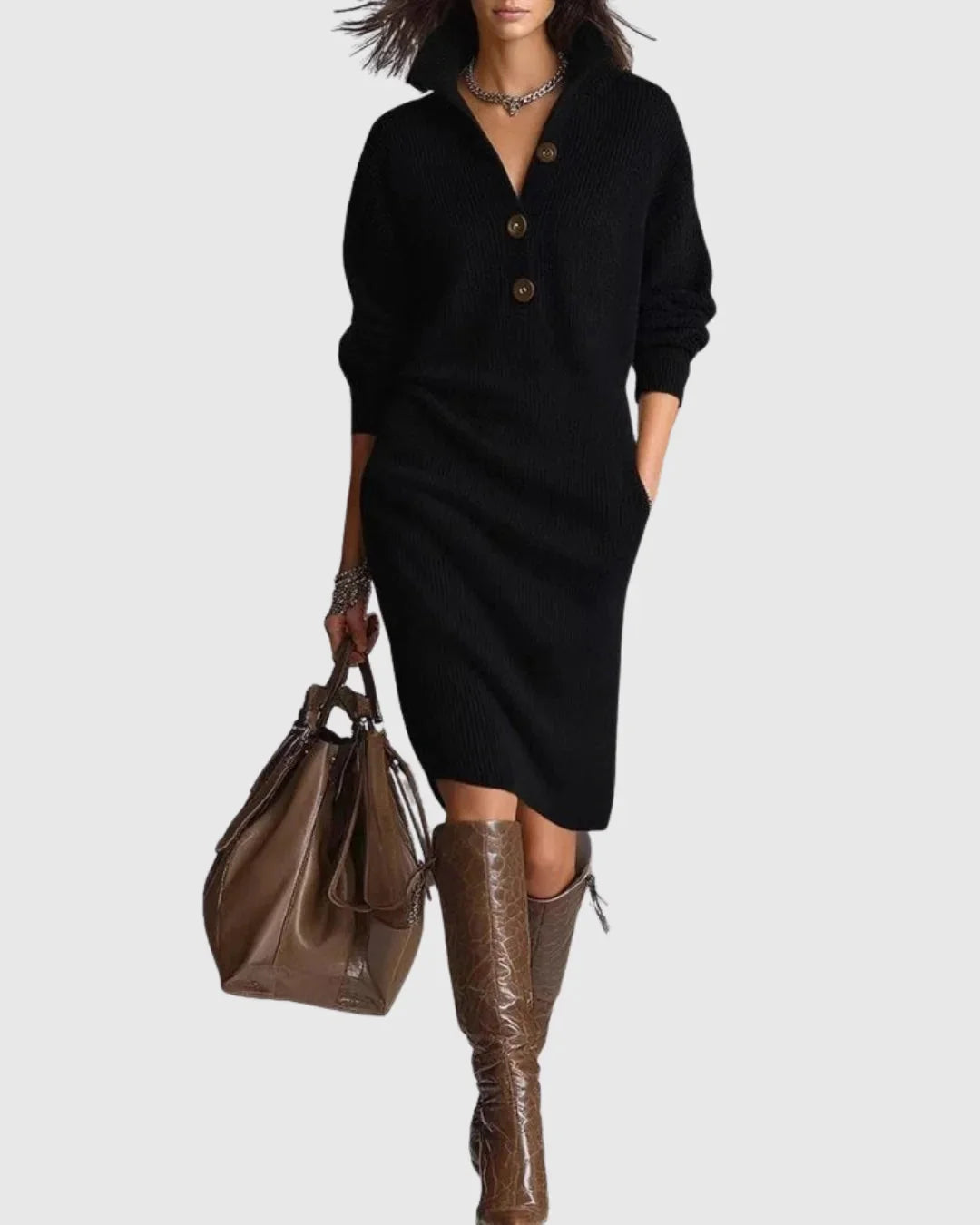 Ribbed Knit Midi Dress – Black