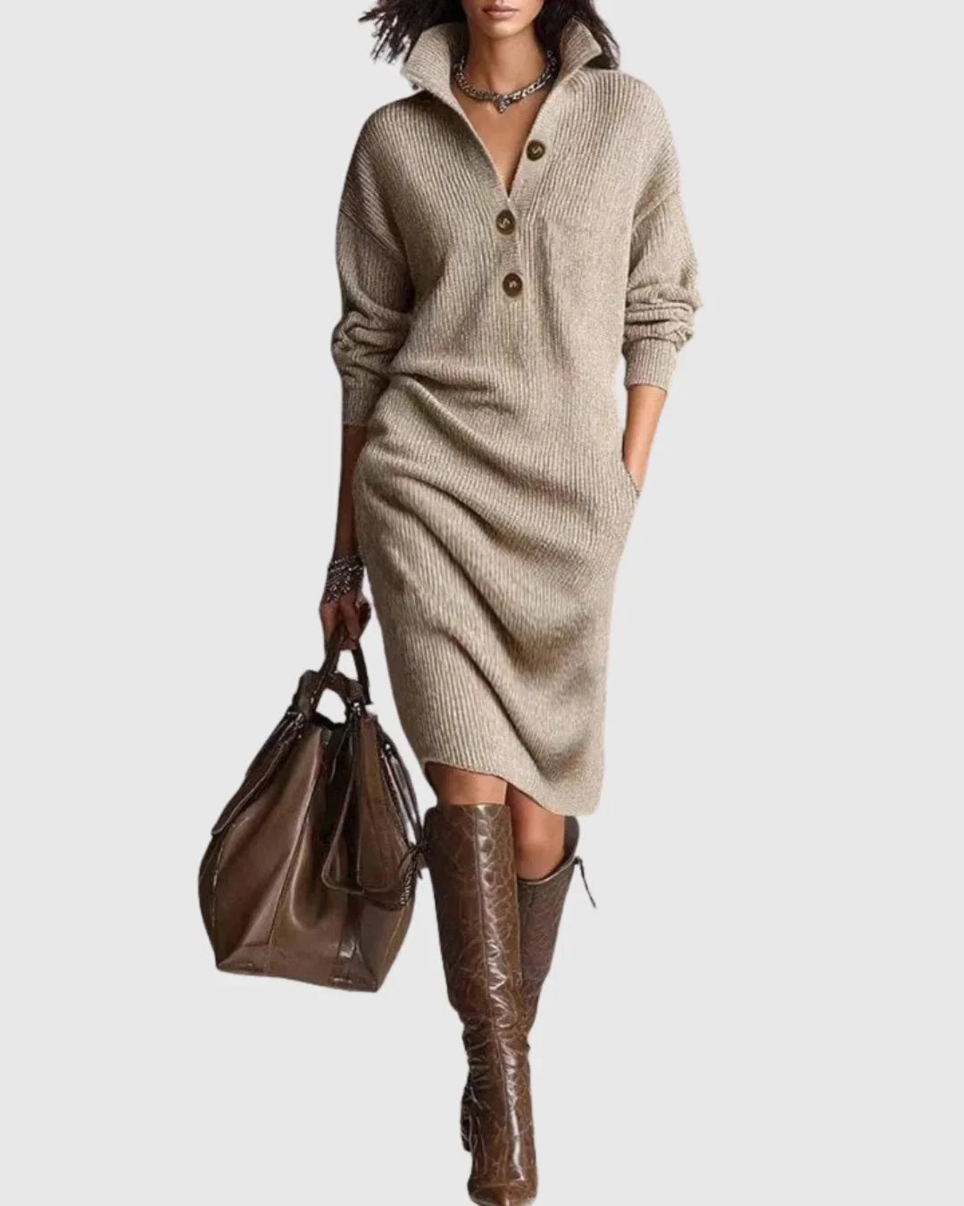 Ribbed Knit Midi Dress – Khaki