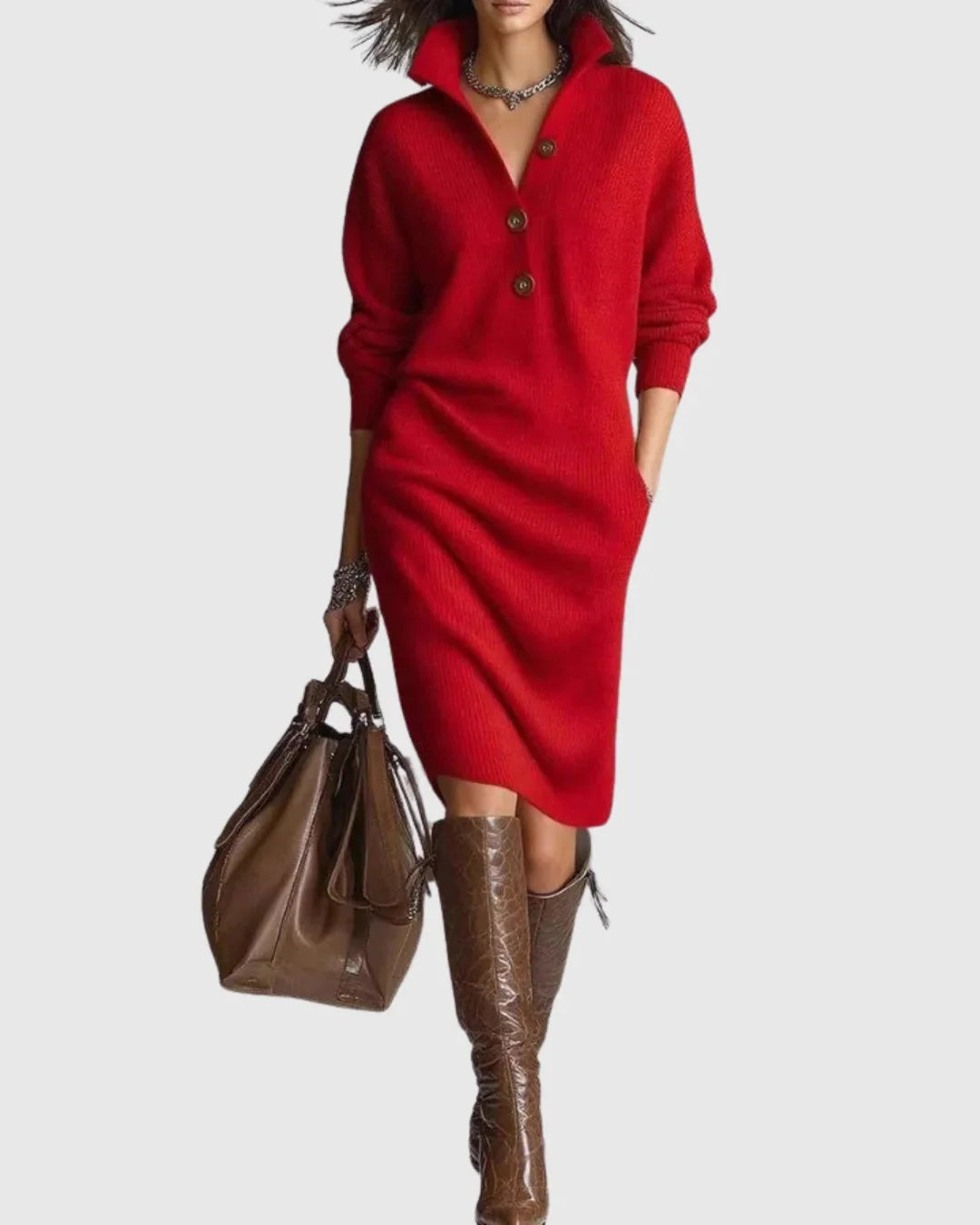 Ribbed Knit Midi Dress – Red