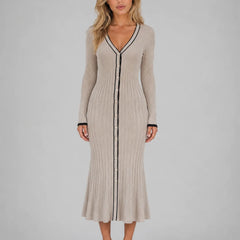 Ribbed Button Front Midi Dress – Beige