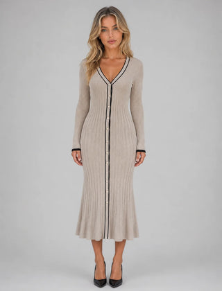 Ribbed Button Front Midi Dress – Beige