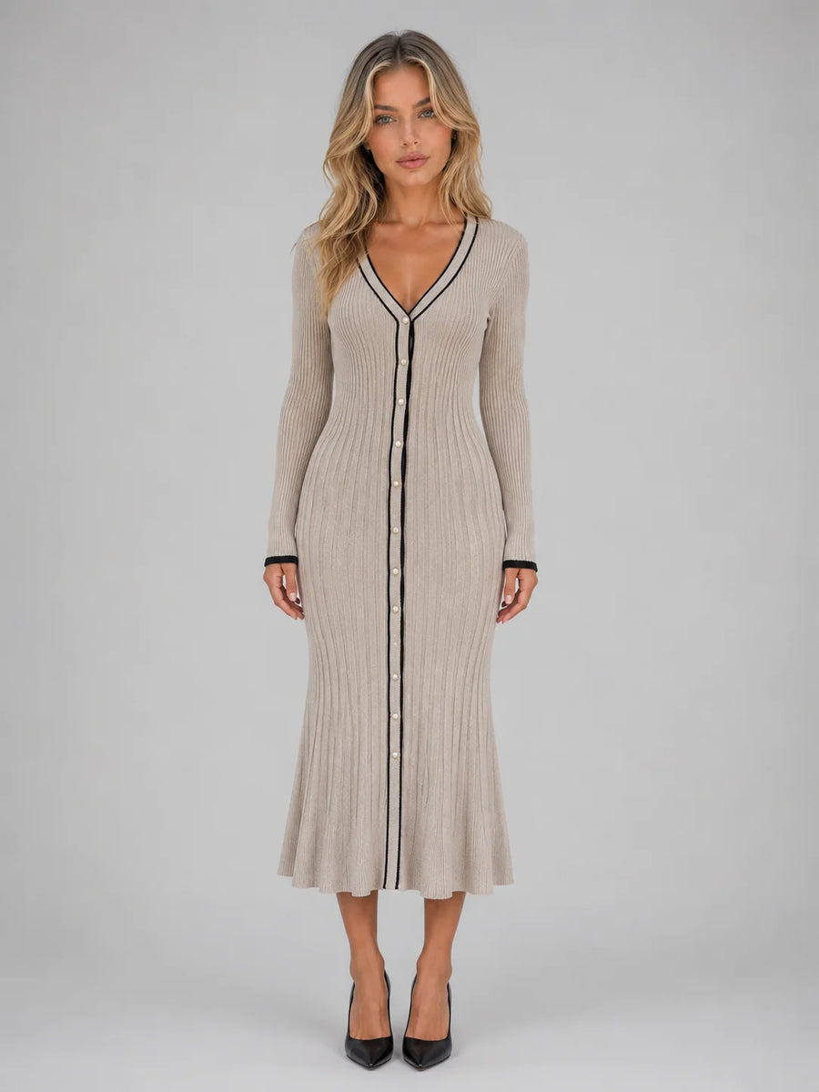 Ribbed Button Front Midi Dress