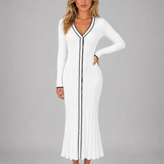 Ribbed Button Front Midi Dress – White