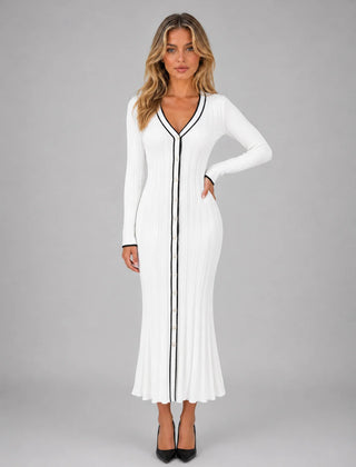 Ribbed Button Front Midi Dress – White