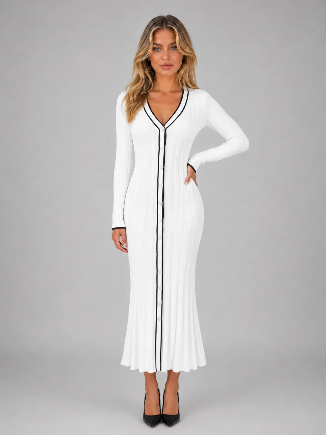 Ribbed Button Front Midi Dress – White