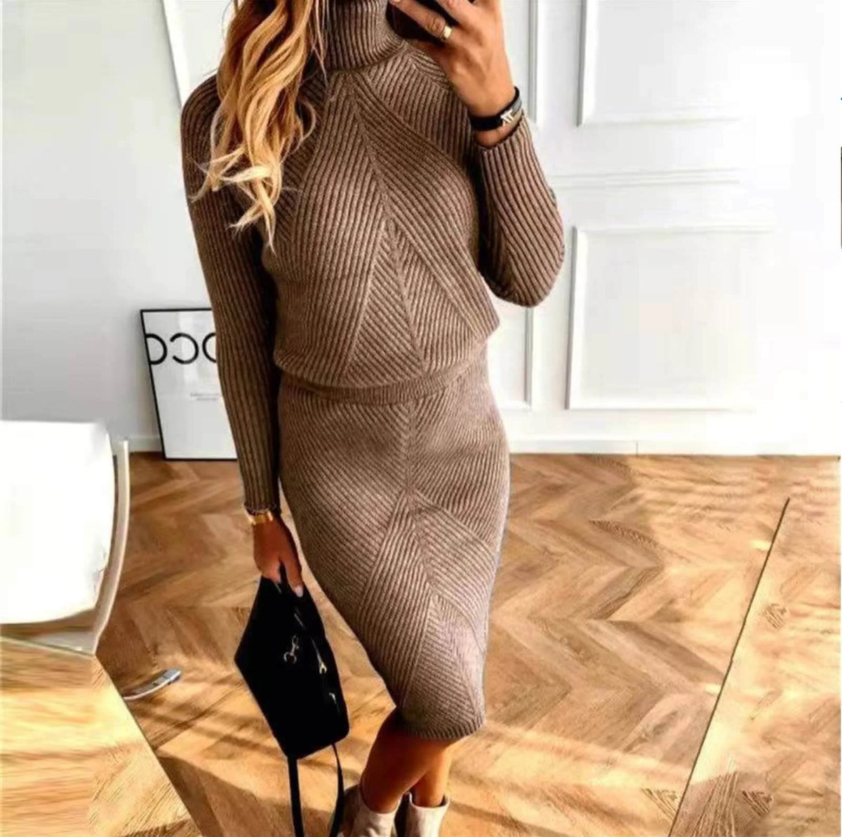 Ribbed Knit Midi Dress – Brown