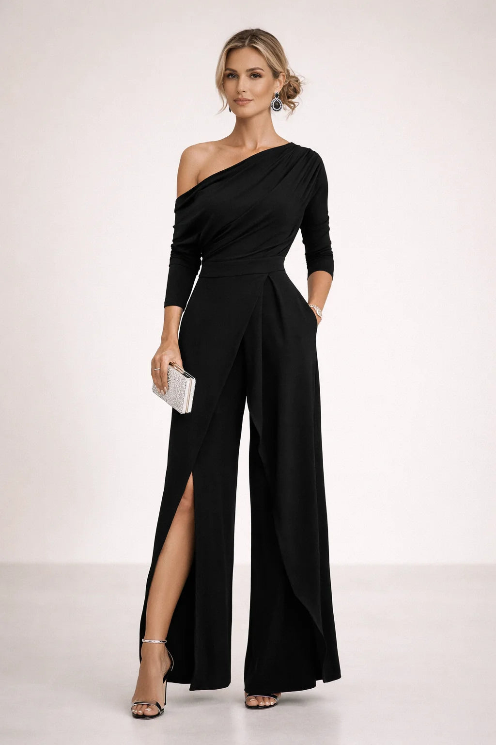 One-Shoulder Wrap Jumpsuit – Black