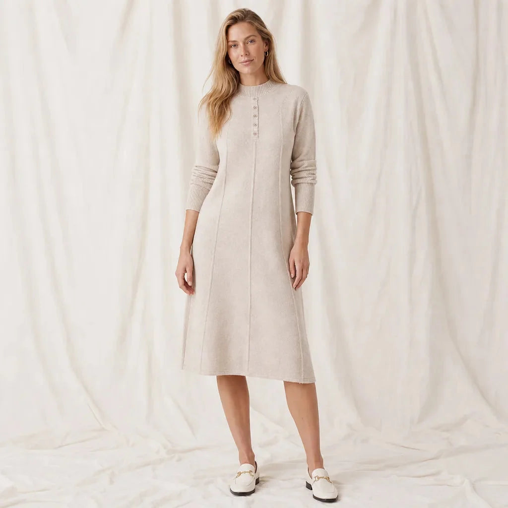 Mock Neck Knit Midi Dress – Cream