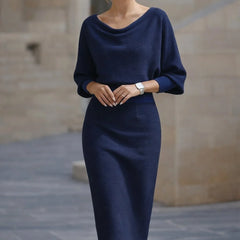 Cowl Neck Ribbed Midi Dress – Navy Blue