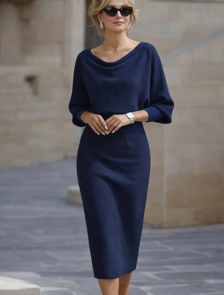 Cowl Neck Ribbed Midi Dress – Navy Blue