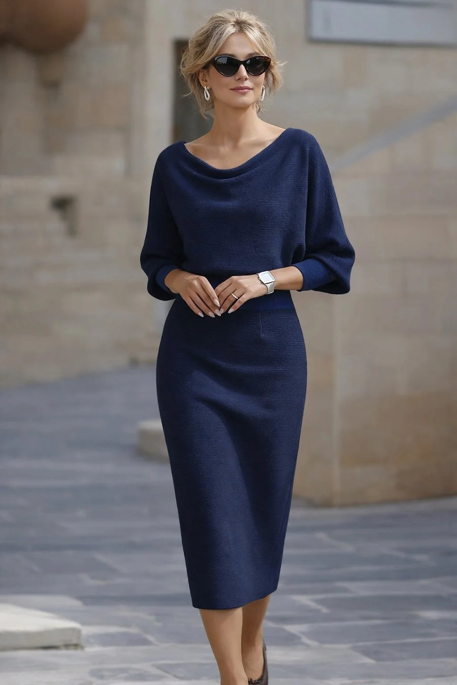 Cowl Neck Ribbed Midi Dress