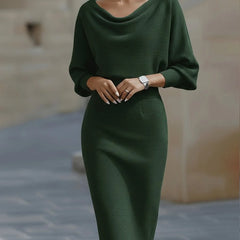 Cowl Neck Ribbed Midi Dress – Green