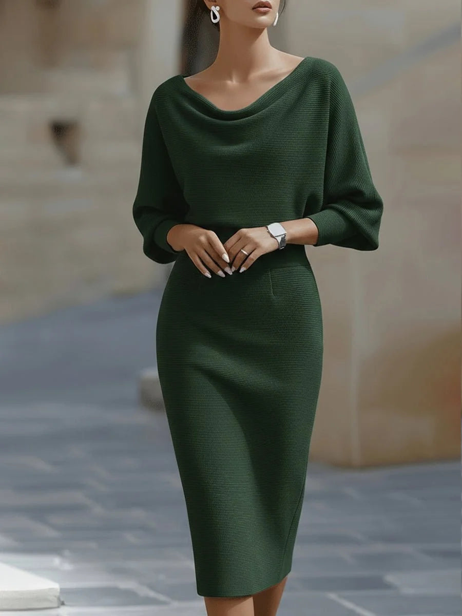 Cowl Neck Ribbed Midi Dress – Green