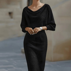Cowl Neck Ribbed Midi Dress – Black