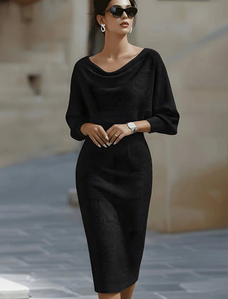 Cowl Neck Ribbed Midi Dress – Black