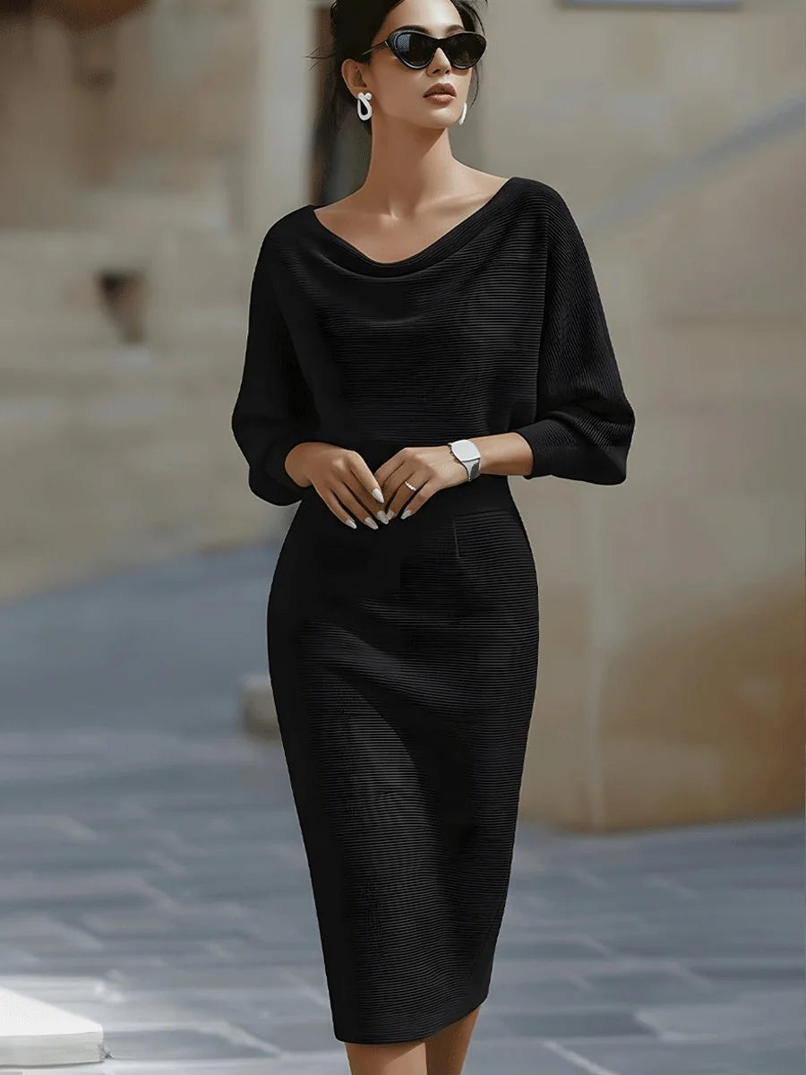 Cowl Neck Ribbed Midi Dress – Black