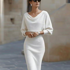 Cowl Neck Ribbed Midi Dress – White