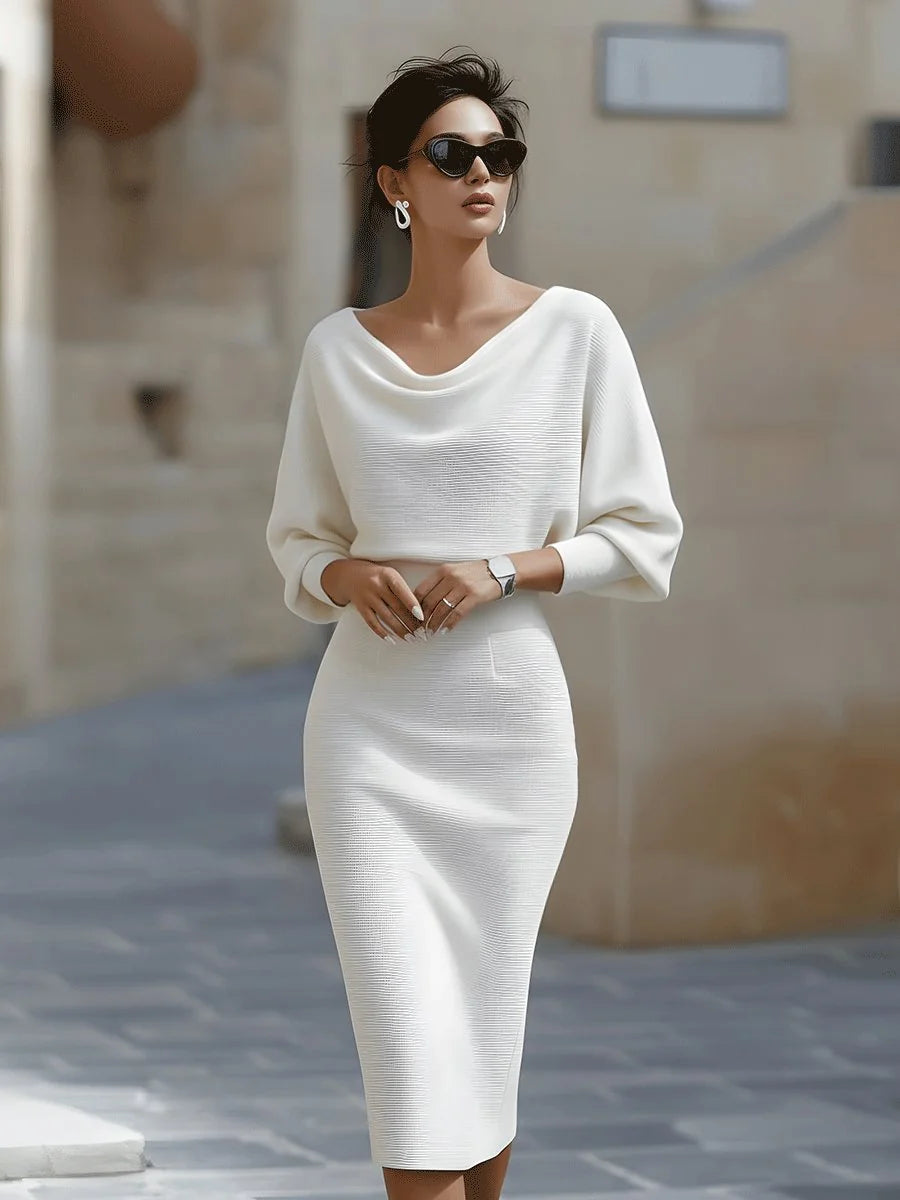 Cowl Neck Ribbed Midi Dress – White
