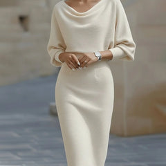 Cowl Neck Ribbed Midi Dress – Beige