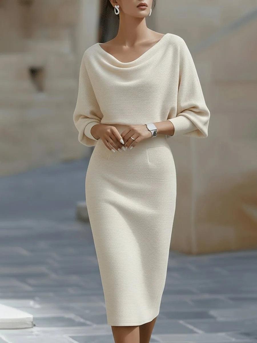 Cowl Neck Ribbed Midi Dress – Beige