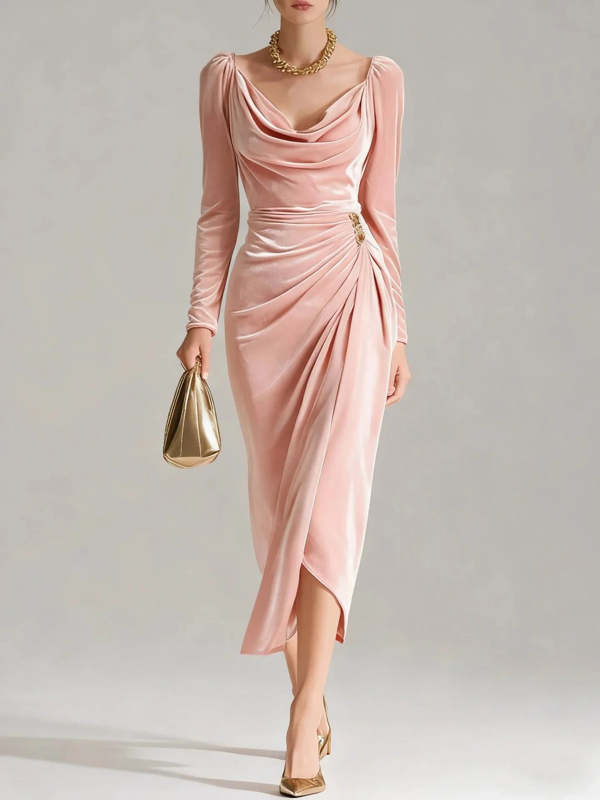 Ruched Velvet Midi Dress – Pink