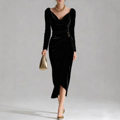 Ruched Velvet Midi Dress – Black